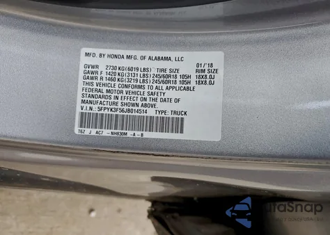 2018 Honda Ridgeline Rtl z USA, uszkodzony, nr VIN 5FPYK3F56JB014514